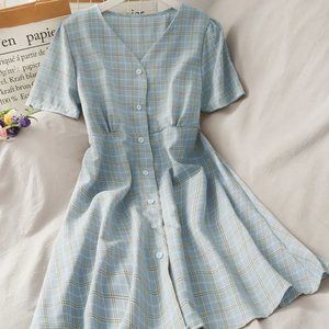 Lemongrass Plaid V-Neck Shirtdress 100% Linen